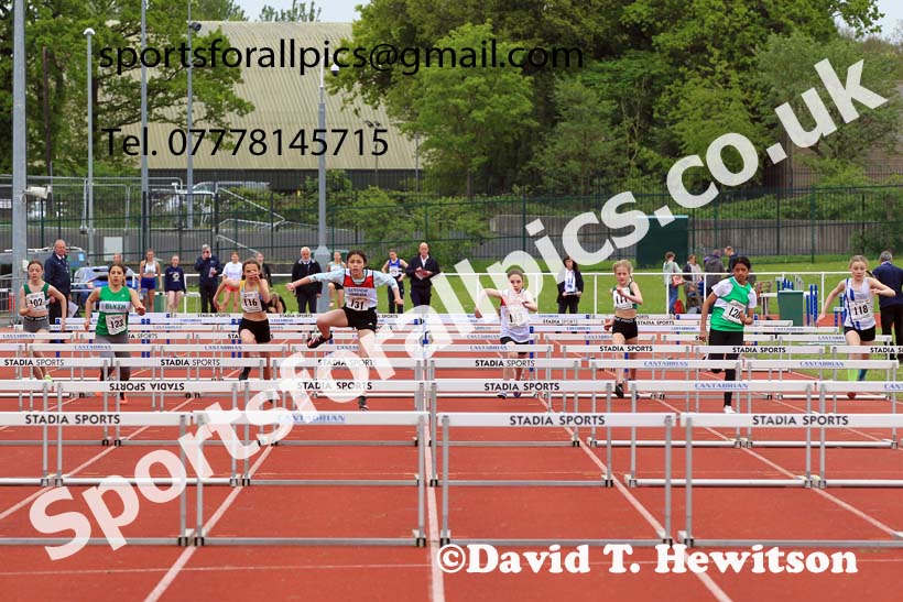 Girls Under-13s 70 metres hurdles, 2023 North Eastern Track and Field Champs., Middlesbrough Sports Village, Middlesbrough. Photo: David T. Hewitson/Sports for All Pics